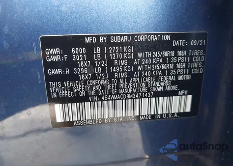 2021 Subaru Ascent Premium из США, поврежденный, VIN 4S4WMACD9M3471437